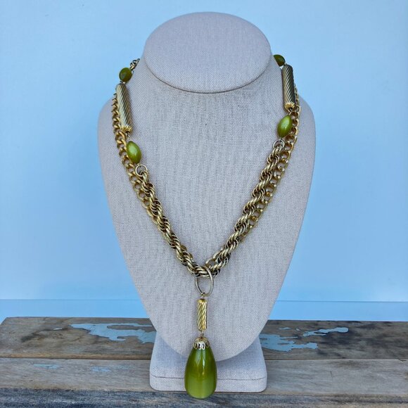 Sarah Coventry Green Lucite Double Link Strand Moon Glow Drop Necklace - Picture 1 of 16